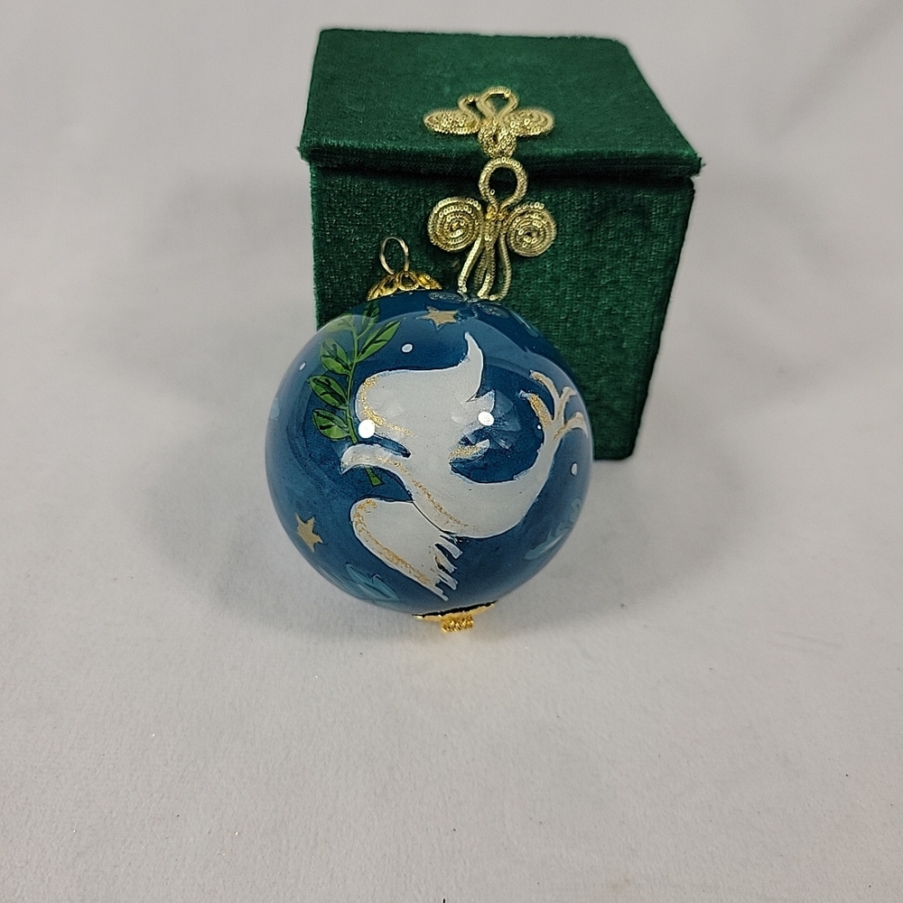2011 Pier 1 Li Bien Hand Painted  Teal "Peace" Globe Glass Christmas Ornament.